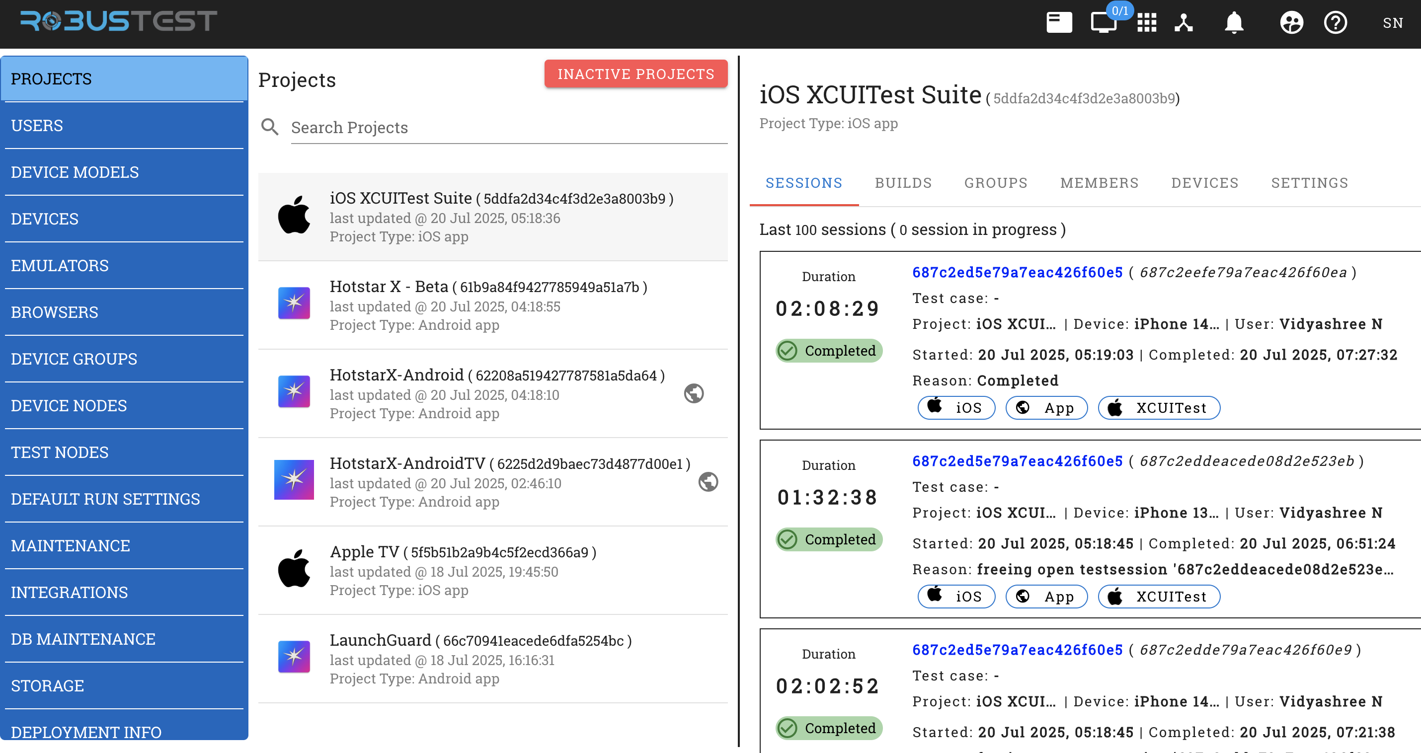 Admin Console Projects Sessions Interface