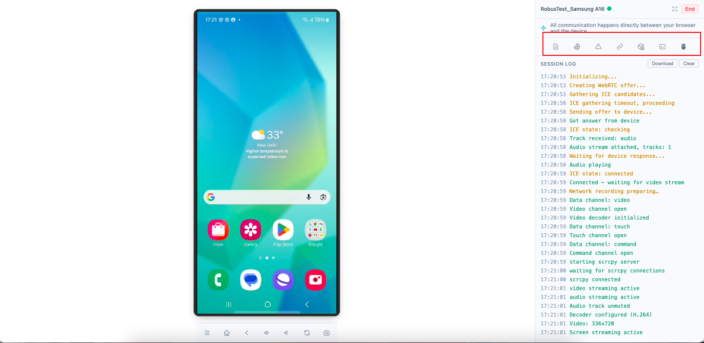 Android manual session interface showing device screen and session panel