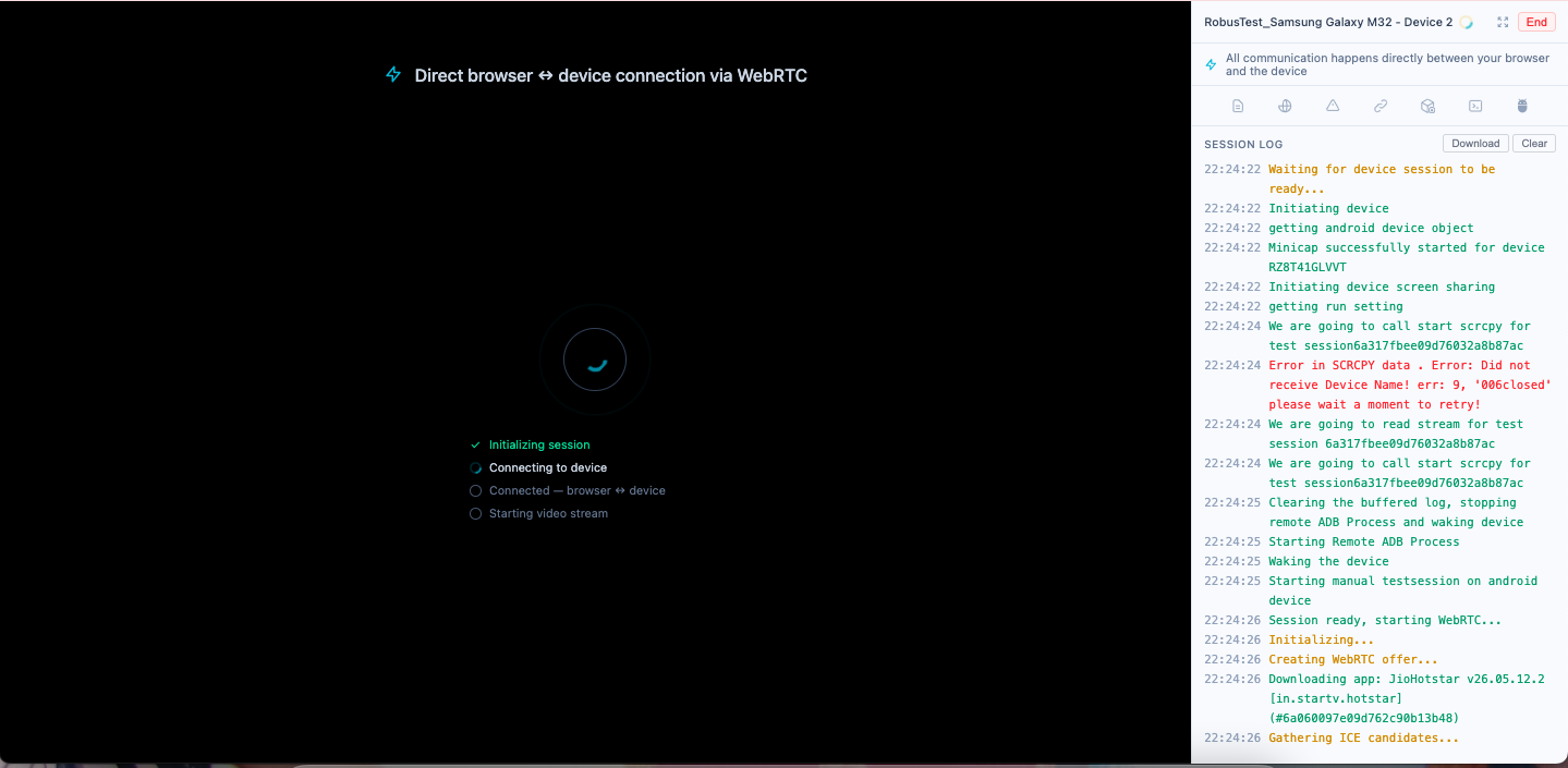 Manual session initiating screen showing WebRTC connection progress and session log